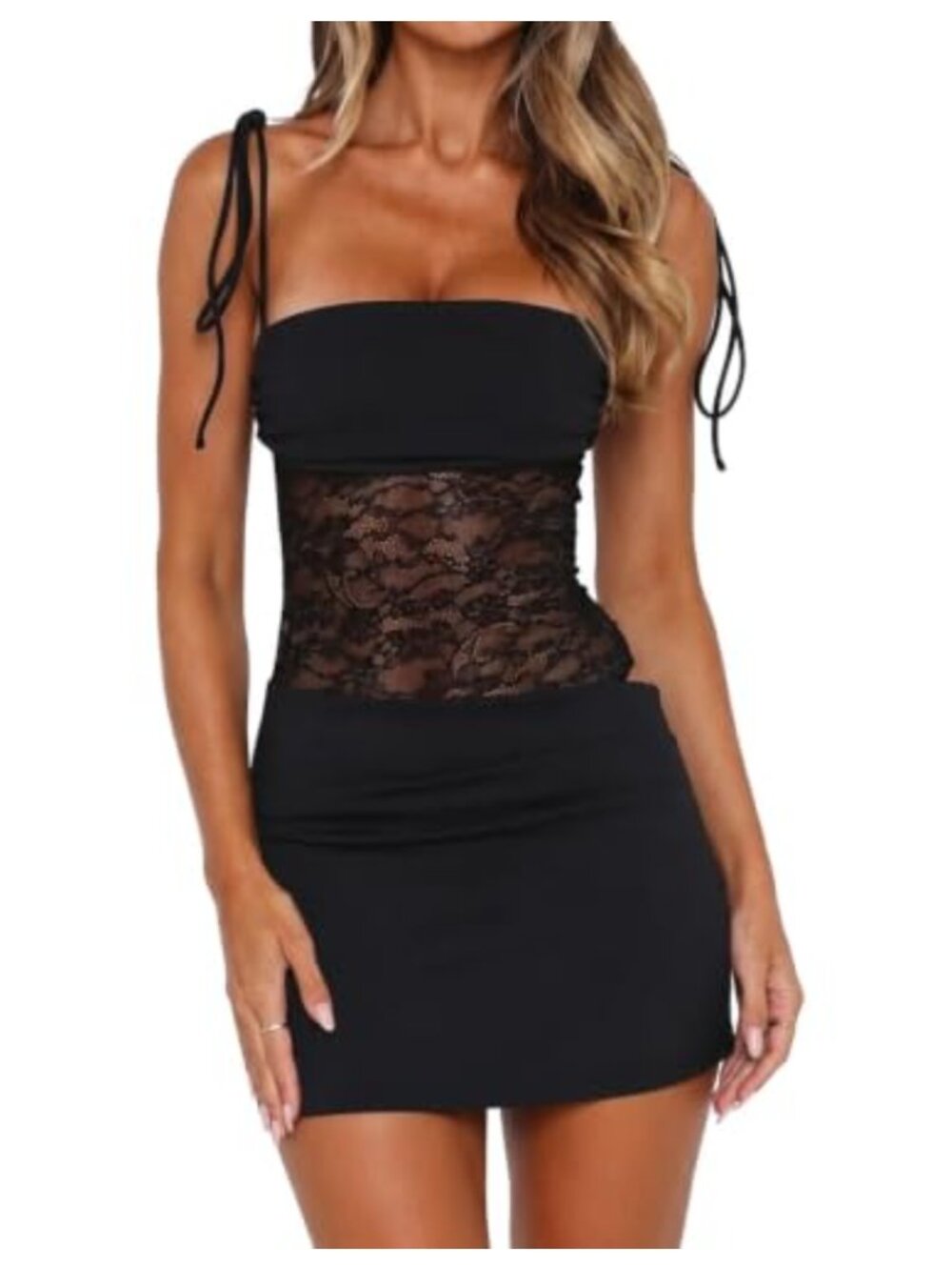 Lace Splicing Cutout Bodycon Mini Dress Square Neck Sleeveless Party